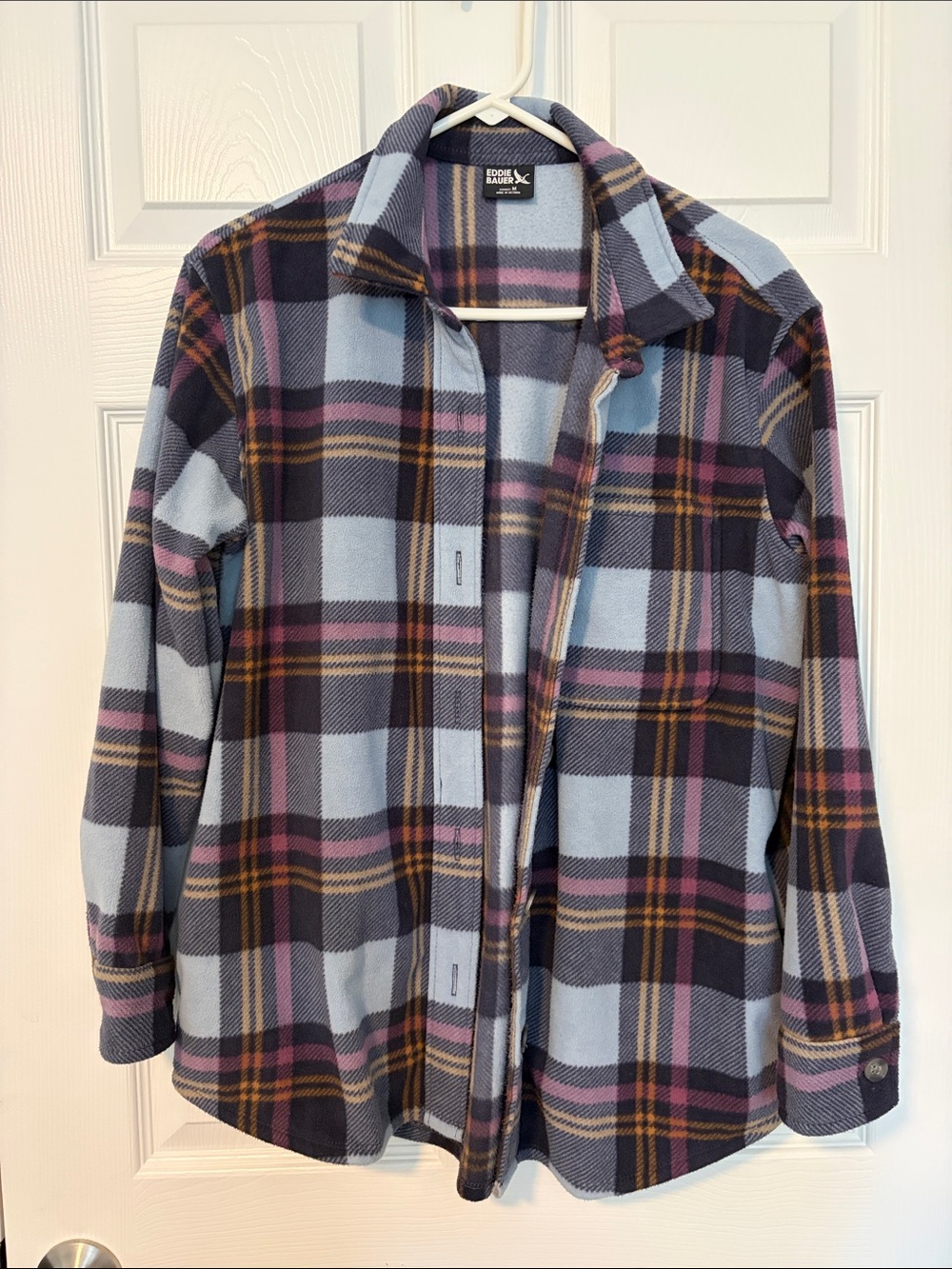 Women’s Eddie Bauer Plaid Fleece Shacket in Light Blue, Navy & Pink